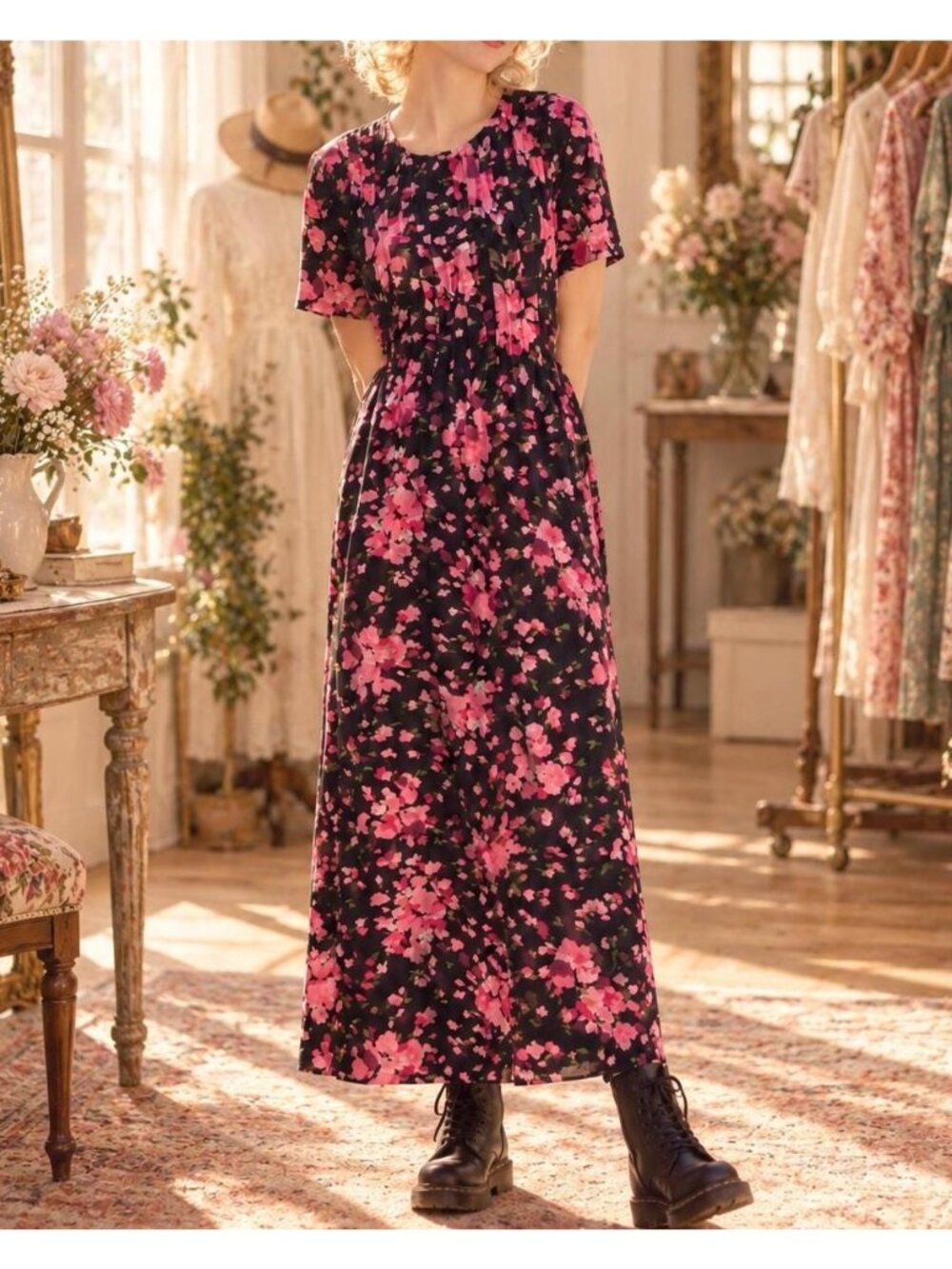Vintage 90s Miss Dorby Black Pink Floral Maxi Dress Size S/M